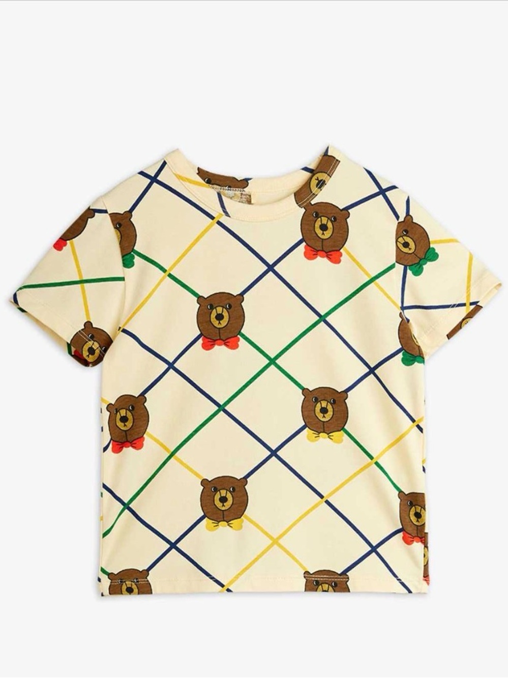 Mini Rodini Bear Diamond-Grid Tee Cream with Multicolor Bows